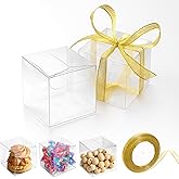 SHENLIU 200 Pack Clear Favor Boxes with Ribbons, 2 x 2 x 2Inches Mini Transparent Cube Treat Boxes Small Candy Containers Plastic Gift Box for Macaron, Wedding, Baby Shower, Birthday, Party Favors