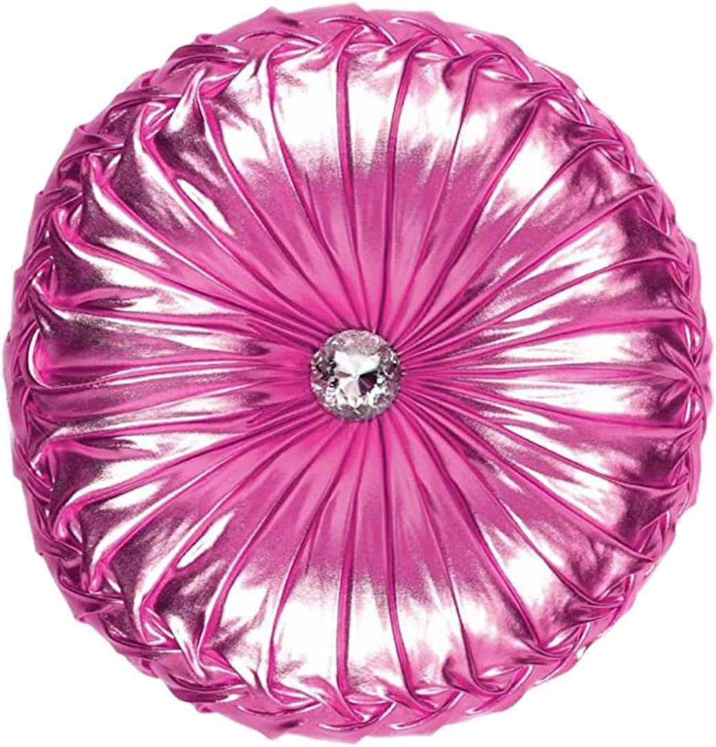 TressHouse European Round Throw Pillow, Soft Spandex Fabric Pumpkin Pleated Handmade Metallic Accent Circle Insert Diamond Enhanced Couch Cushion for Floor Chair Sofa Cover Home Decor Pillows - Pink