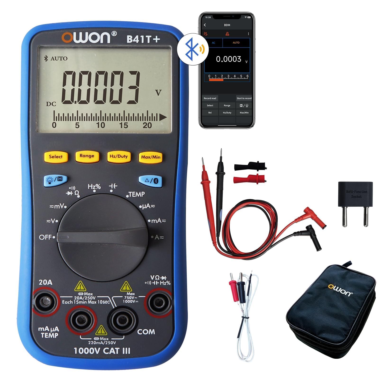 OWON B41T+ Bluetooth Digital Multimeter,22000 Counts Auto Ranging Digital 3 in 1 Multimeters with Bluetooth True RMS Backlight Test Meter for Electrical Testing, Industrial Temperature Measurement etc