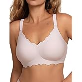 COMFELIE Seamless Wireless T-Shirt Bra for Women, Full Coverage No Underwire with Deep V Neck, U-Back & Lace Trim