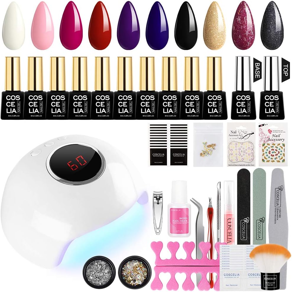 Nail Extension Gel Kit Poly Nail Gel Builder with 36w LED Nail Lamp 2 Temperature Color Changing Gel and 2 Glitter Gel Polish French Manicure Kit