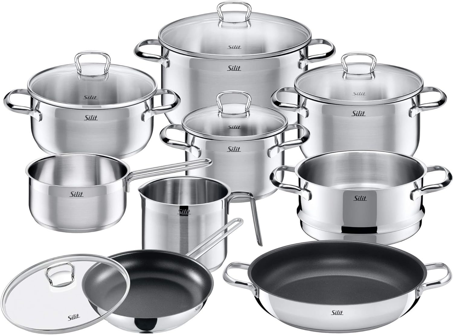 Silit Pot Set 10Piece Toskana Pouring Rim Glass Lid Stainless Steel