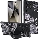 MOWIME for Samsung Galaxy S24 Ultra Case with Wrist Strap, Cute Flower Rose Butterfly Design Soft TPU Protective Case for Women Girls Slim Shockproof Cover with Adjustable Kickstand Holder - Black