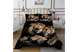 Homewish Lion Bedspread 3D Lion Couple Printed Coverlet Set 3pcs for Kids Boys Teens Wild Animal Theme Quilted Coverlet Microfiber Bedding Set (1 Bedspread + 2 Pillow Cases) King Size