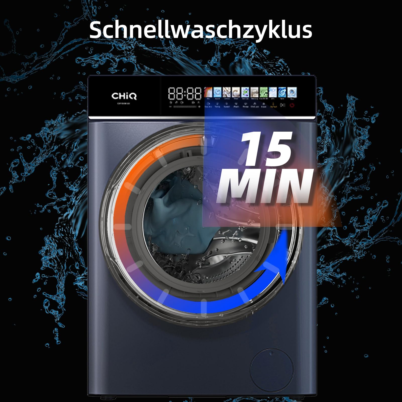CHiQ CW106581AX Waschmaschine 10 kg, EEK A-10%| LED-Touchscreen, 1400 U/M | 12 Waschzyklen Speed Wash, Eco, Dampf, Timer| Frontlader washer, Wohnungen, Hotels, Schwarz 10