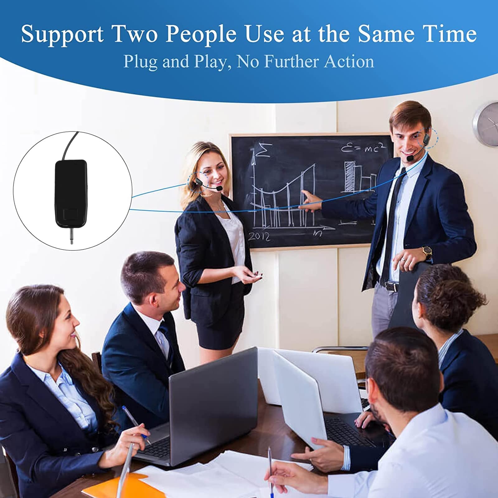 2.4G Wireless Microphone System for Two People, 165 ft Long Range, Stable Transmission, Portable Headset Microphone for Voice Amplifier, PA System, Teacher, Fitness Instructor, Outdoor