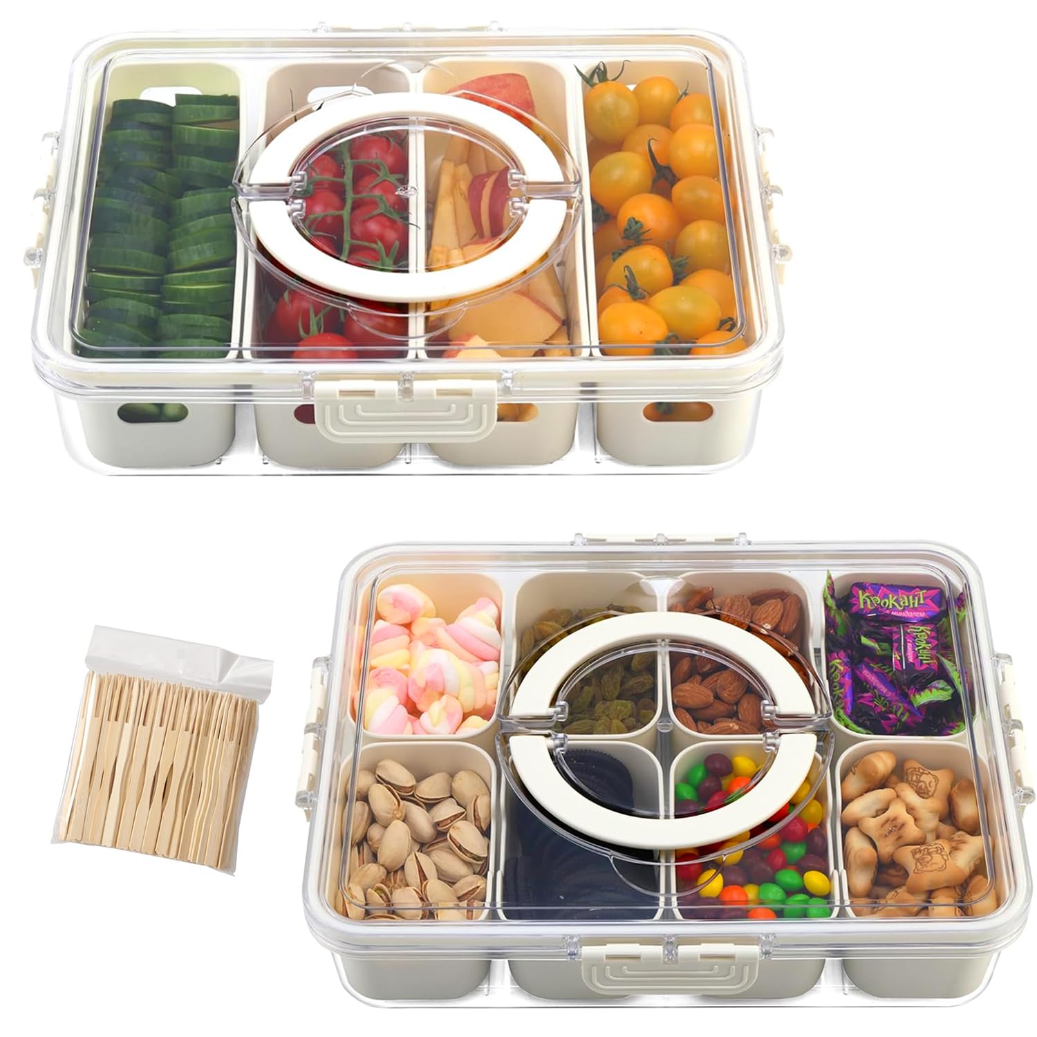 Photo 1 of Divided Serving Tray with Lid & Handle| Multi-Purposed Snackle Box Bundle 8ct & 4ct Dividers 20pc Mini Forks| Snackle Box Container for Fruits Nuts Candy Charcuterie Platters Road Trips Picnics