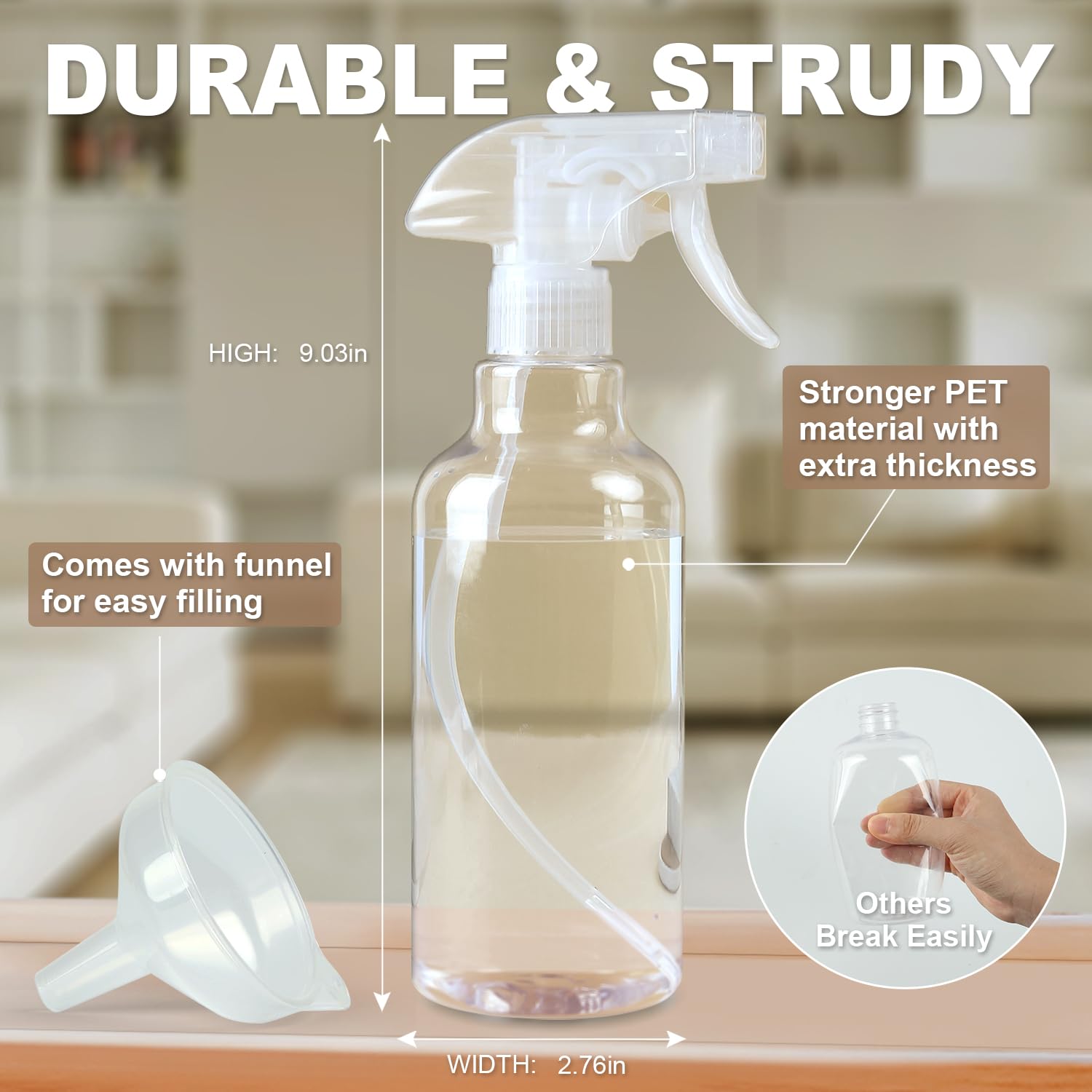 airbee Plastic Spray Bottles (2-Pack, 16.9 Oz) Heavy Duty Spraying, Mist & Stream, Empty Water Sprayer Bottle for Cleaning Solutions, Essential Oils, Hair, Plants, BBQ, Dog Cat Behavior Correction (Clear)