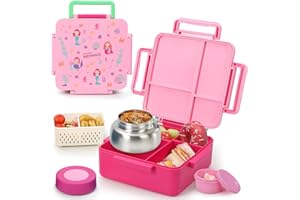 Norxely Bento Box for Kids with Thermos, [Large Capacity] Insulated Kids Lunch Box with 4 Compartment for Ages 3+, Drop-Proof & Dishwasher Safe Lunchbox Container Pink
