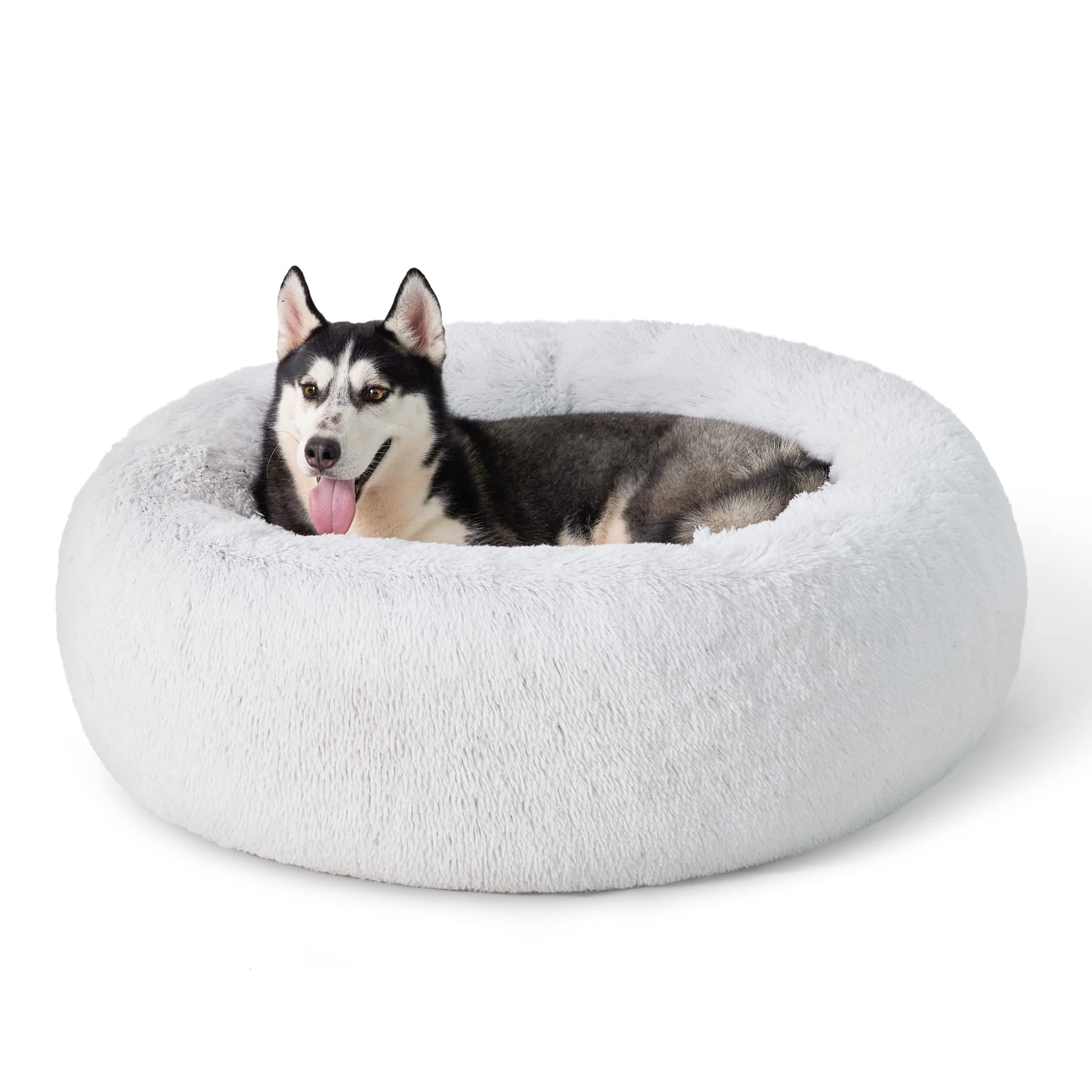 Photo 1 of Bedsure Calming Dog Bed for Large Dogs - Donut Washable Large Pet Bed, 36 inches Anti-Slip Round Fluffy Plush Faux Fur Dog Bed, Fits up to 80 lbs Pets, Frost Grey