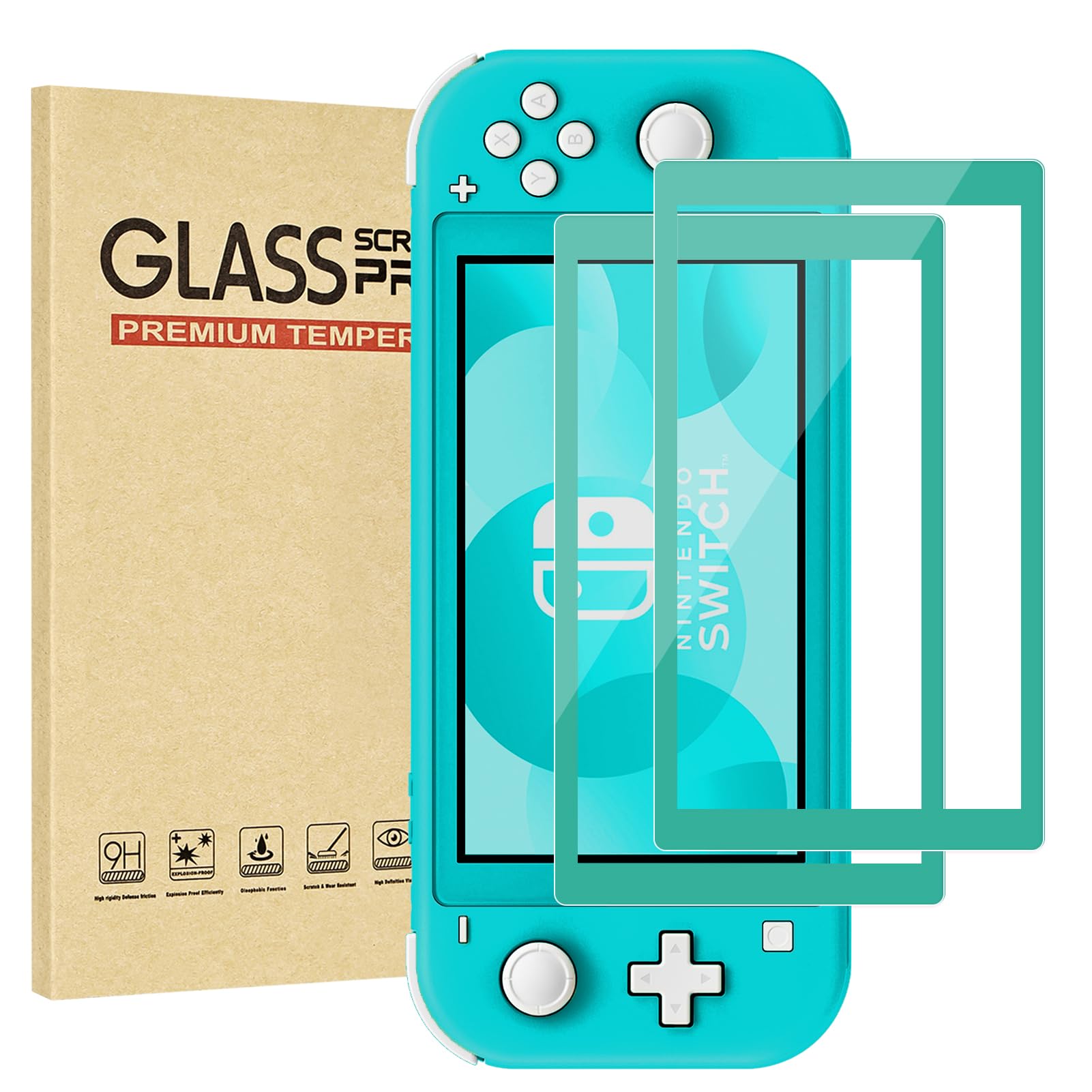 Jngnpn 2-Pack Green Border Tempered Glass Screen Protector for Switch Lite Model 2019 [5.5 Inch]，HD Clear, Anti Scratch, Anti-Fingerprint, Shatterproof，Bubble Free, 9H Hardness, Ultra Thin