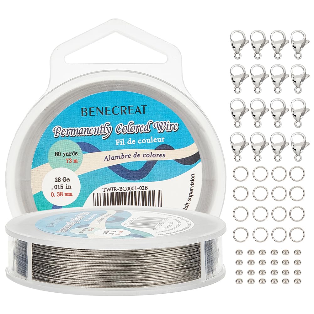 BENECREAT 240-Feet 0.38mm Stainless Steel 7-Strand Beading Wire with 200pcs Jump Rings, 50pcs Crimp Beads and 30pcs Lobster Claw Clasps for Jewelry Making