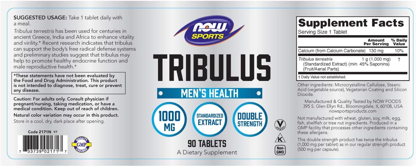 NOW Sports Nutrition, Tribulus (Tribulus terrestris) 1,000 mg, Double Strength, Men's Health, 90 Tablets: Health & Personal Care