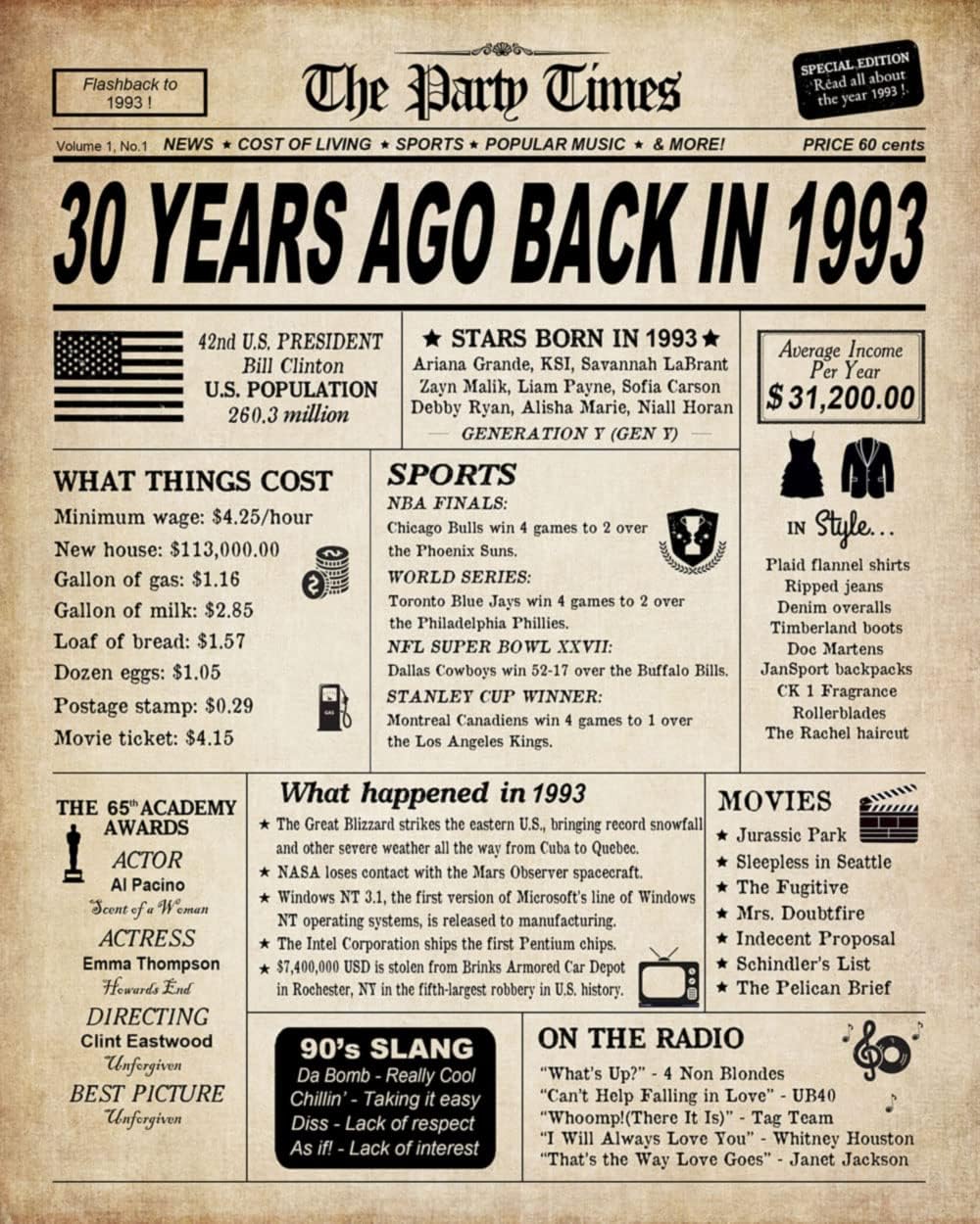 Posters & Prints - GIFTSFARM 30th Birthday Decorations for Women or Men, 30th Birthday Card, Classy Vintage Table Decor, Birthday Card Poster for Him or Her Turning 30 Years Old, Back in 1993 Print (8 x 10, UNFRAMED)