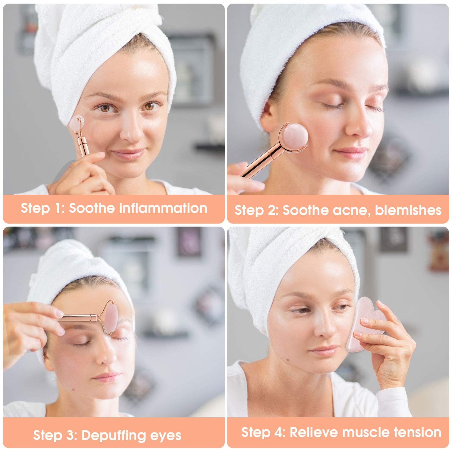 Facial Roller，4 in 1 Rose Quartz Facial Jade Roller & Massager, 4 Changeable heads Facial Skin Care Tools for Face Roller, Eye, Neck, Body: Beauty