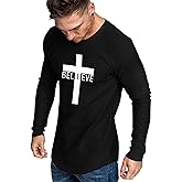 iudam Men's Long Sleeve Crewneck Graphic Tee Believe Cross Print Christian Shirts Workout Shirts