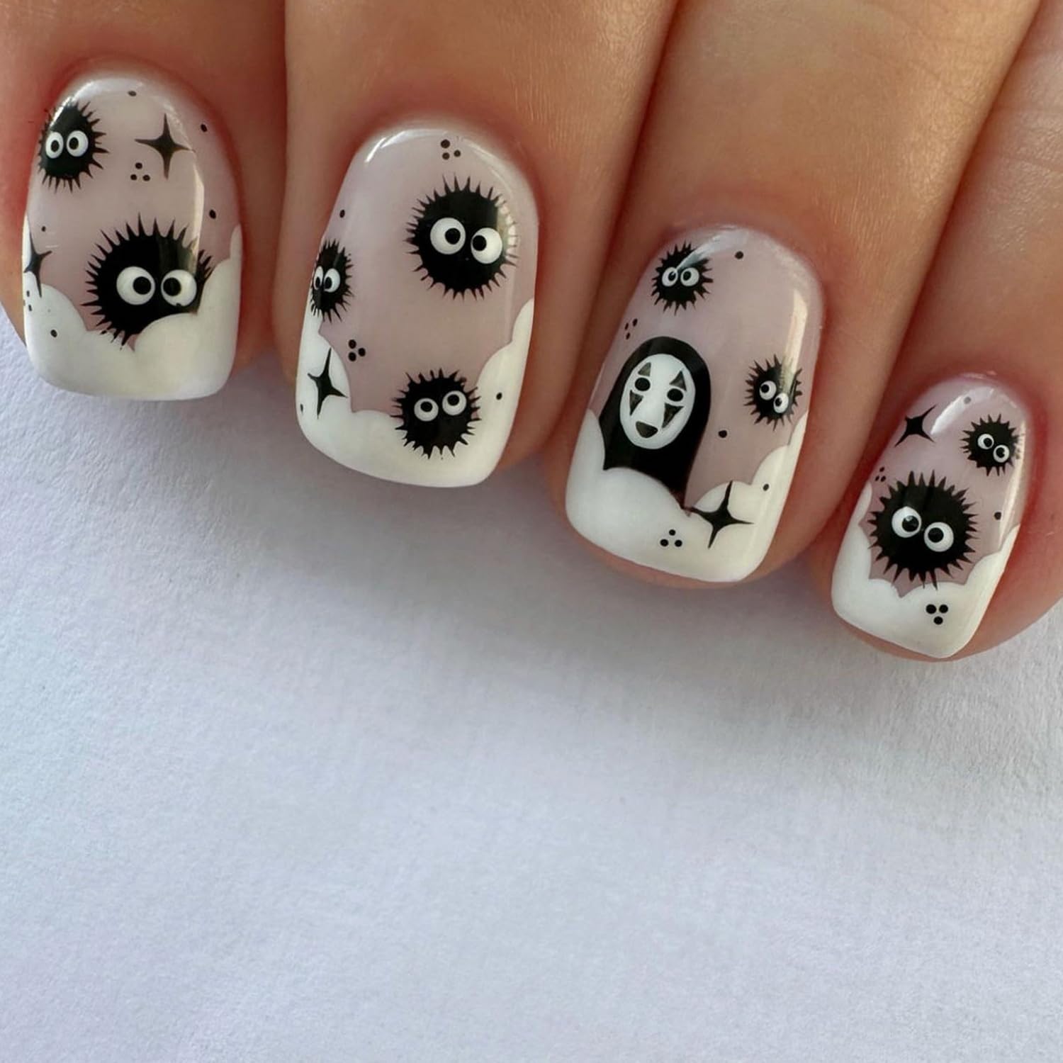 Halloween Short Square Press on Nails Cute Black Coal Ball Design False Nails French Fake Nails Glossy Little Ghost Acrylic Nails Full Cover Stick on Nails for Women Halloween Manicure Decorations