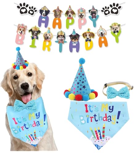 Dog Birthday Hat & Bandana Set – Adjustable Party Hat With Number & Bow For Large Medium Small Pets