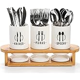 Fasmov Flatware Holder, 3 Pack Silverware Caddy with Bamboo Rack, Utensil Holder Ceramic Flatware Caddy Flatware Caddy White