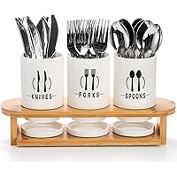 Fasmov Flatware Holder, 3 Pack Silverware Caddy with Bamboo Rack, Utensil Holder Ceramic Flatware Caddy Flatware Caddy White 