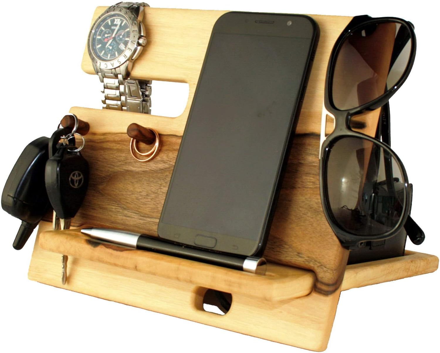 Amazon Com Cell Phone Stand Watch Holder Men Wireless Device Dock Organizer Wood Mobile Base Nightstand Charging Docking Station Women Accessories Wooden Storage Walnut Slider Light 9 X6 5 X8 7