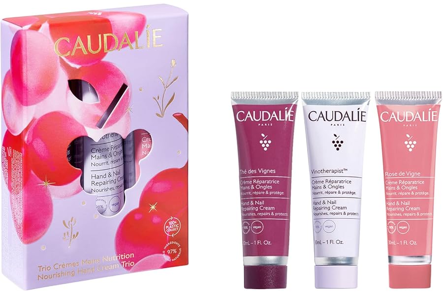 Caudalie Hand Cream Trio Holiday Gift Set: Hydrating & Nourishing Hand and Nail Repairing Cream Trio Enriched with Shea Butter and Grape Seed Oil