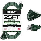 IRON FORGE CABLE 25 Foot Outdoor Extension Cord with 3 Electrical Power Outlets - 16/3 SJTW Durable Green Extension Cable with 3 Prong Grounded Plug for Safety
