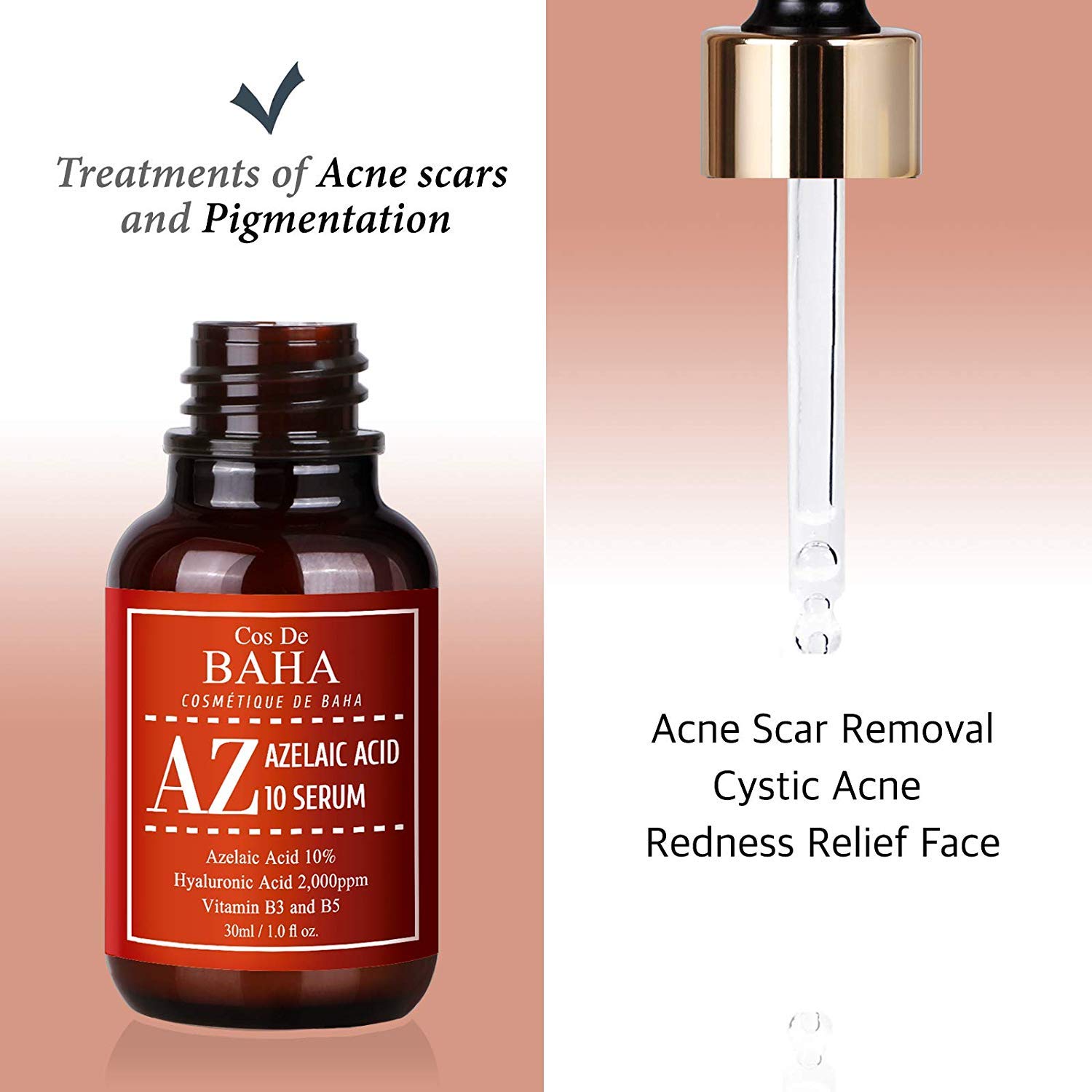 Azelaic Acid 10% Serum 1oz with Niacinamide - Rosacea Skin Care Product + Reduce Cystic Acne Scar + Redness Relief Face + Pimple Pigmentation Blackhead + Vitamin B3 + B5, Gluten Free, 1oz (30ml): Beauty
