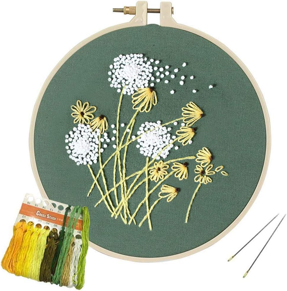 Motige Embroidery Kit - Green Dandelion Pattern, Bamboo Hoop, Color Threads Tools, Kid, All Seasons, Classic, Unisex, Nature, Flower, ART_CRAFT_KIT