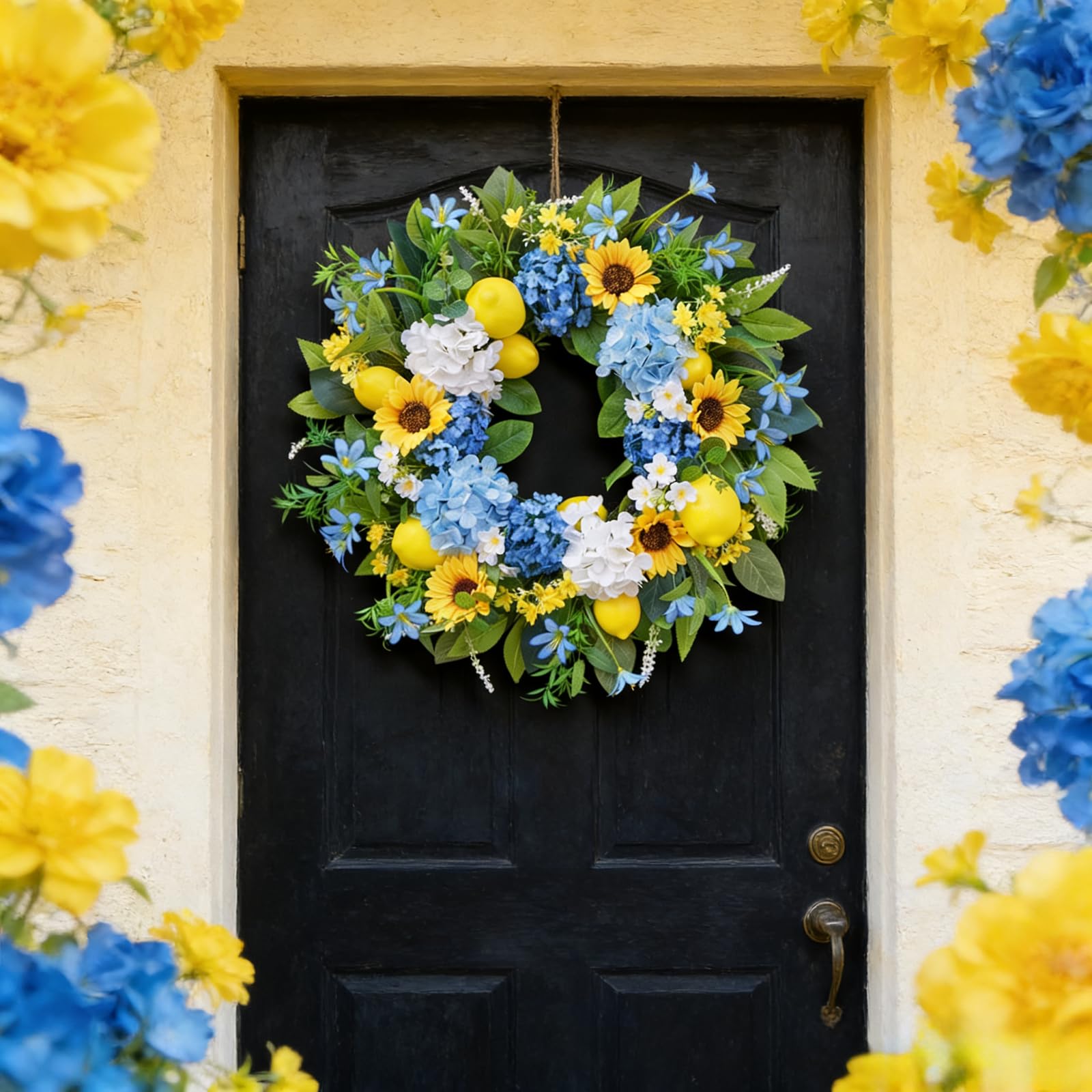 Condition photo showing New/Like New for 24in spring summer wreaths for front door, artificial sunflower lemon wreath with blue hydrangeas, l