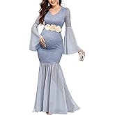 AISWI Maternity Dress Baby Shower Long Bell Sleeve Floral Lace Contrast Chiffon V-Neck Mermaid Pregnancy Photoshoot Gown