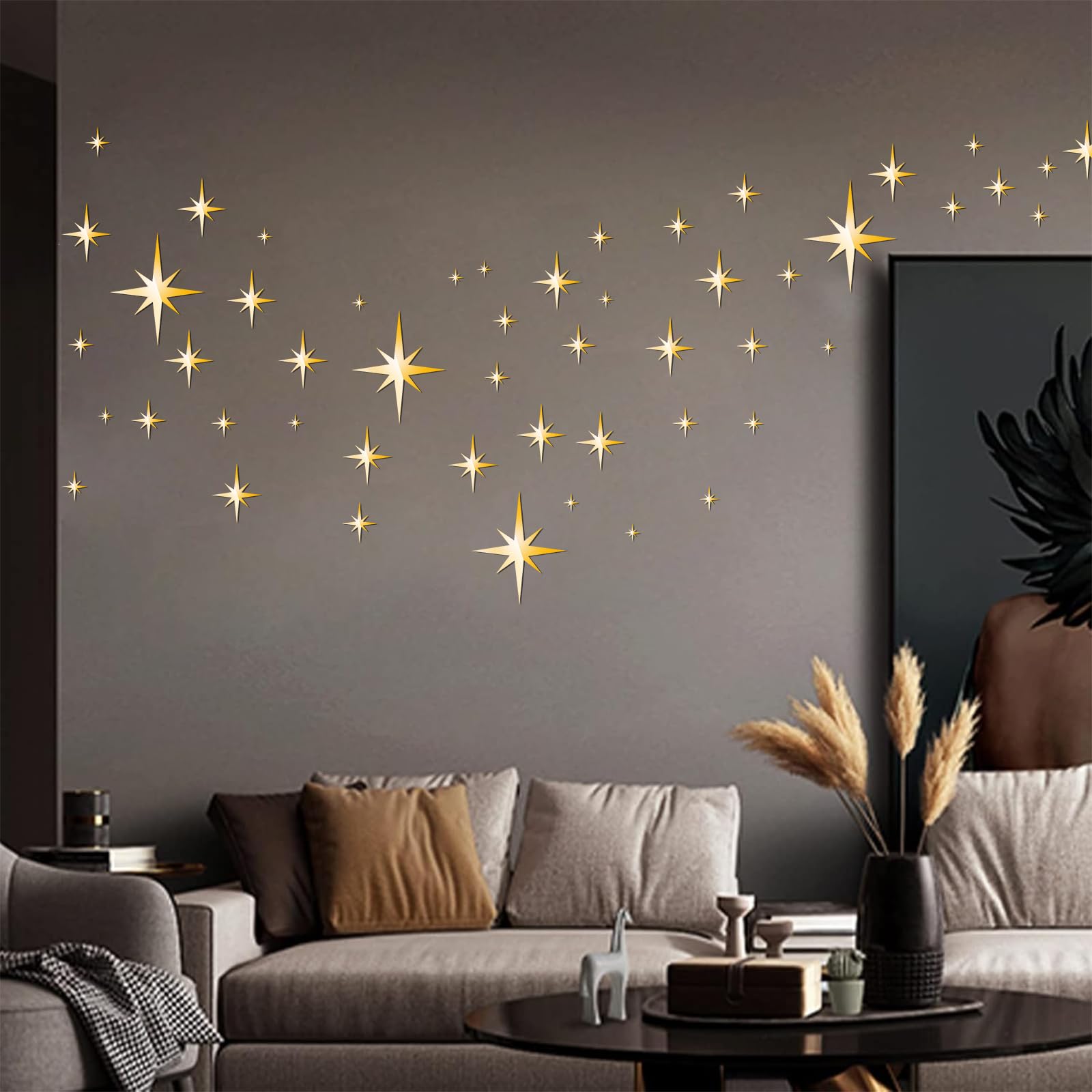 Star Mirror Stickers, 82PCS 3D Mirror Wall Stickers Removable Mirror Star Stickers Acrylic Star Wall Decal for Home Living Room Bedroom Decor (Gold)
