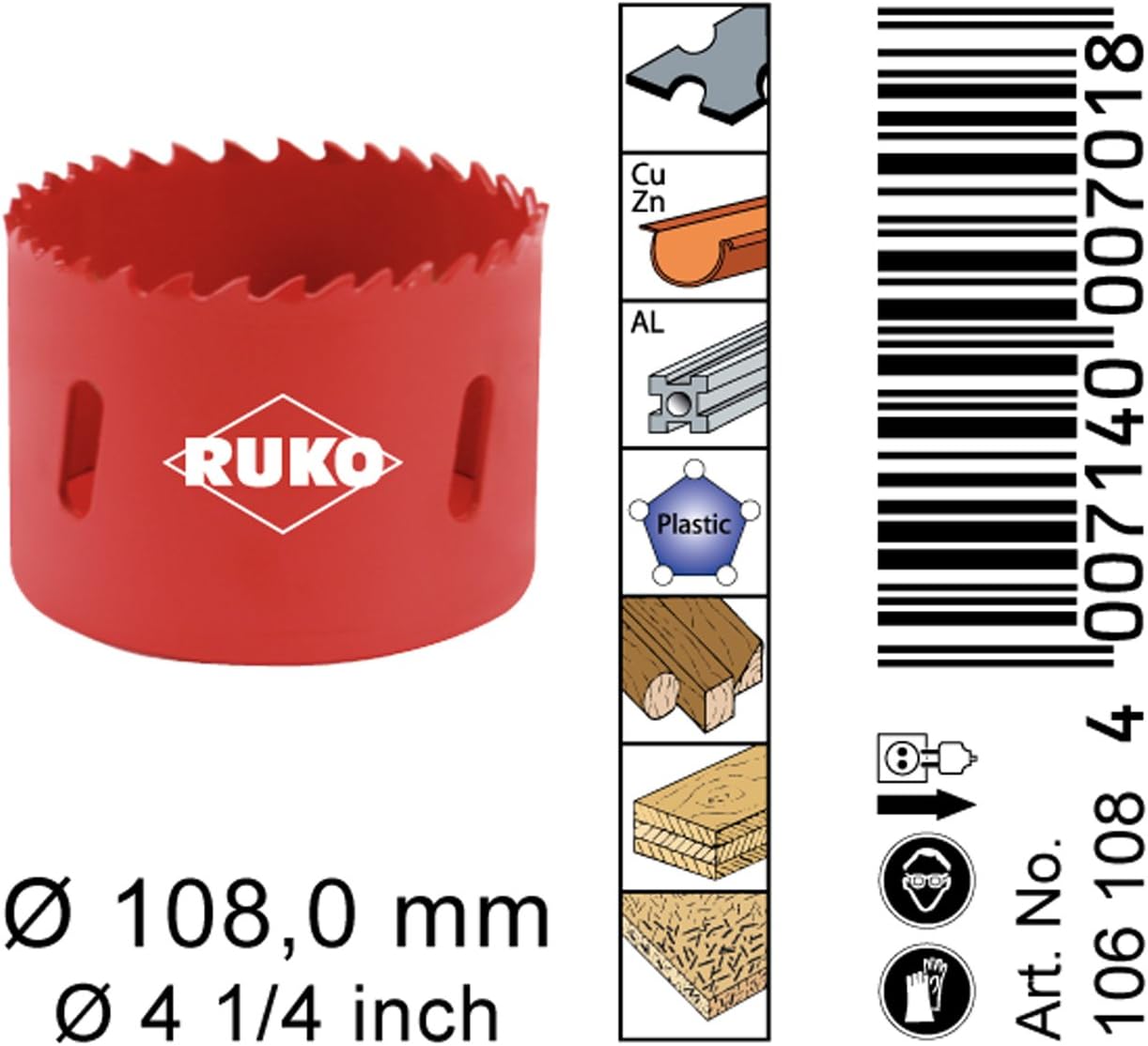 Ruko HSS Bi-Metal Hole Saw with Varied Toothing, Red Finish, 108mm Diameter, R106108, 108 mm - Image 4