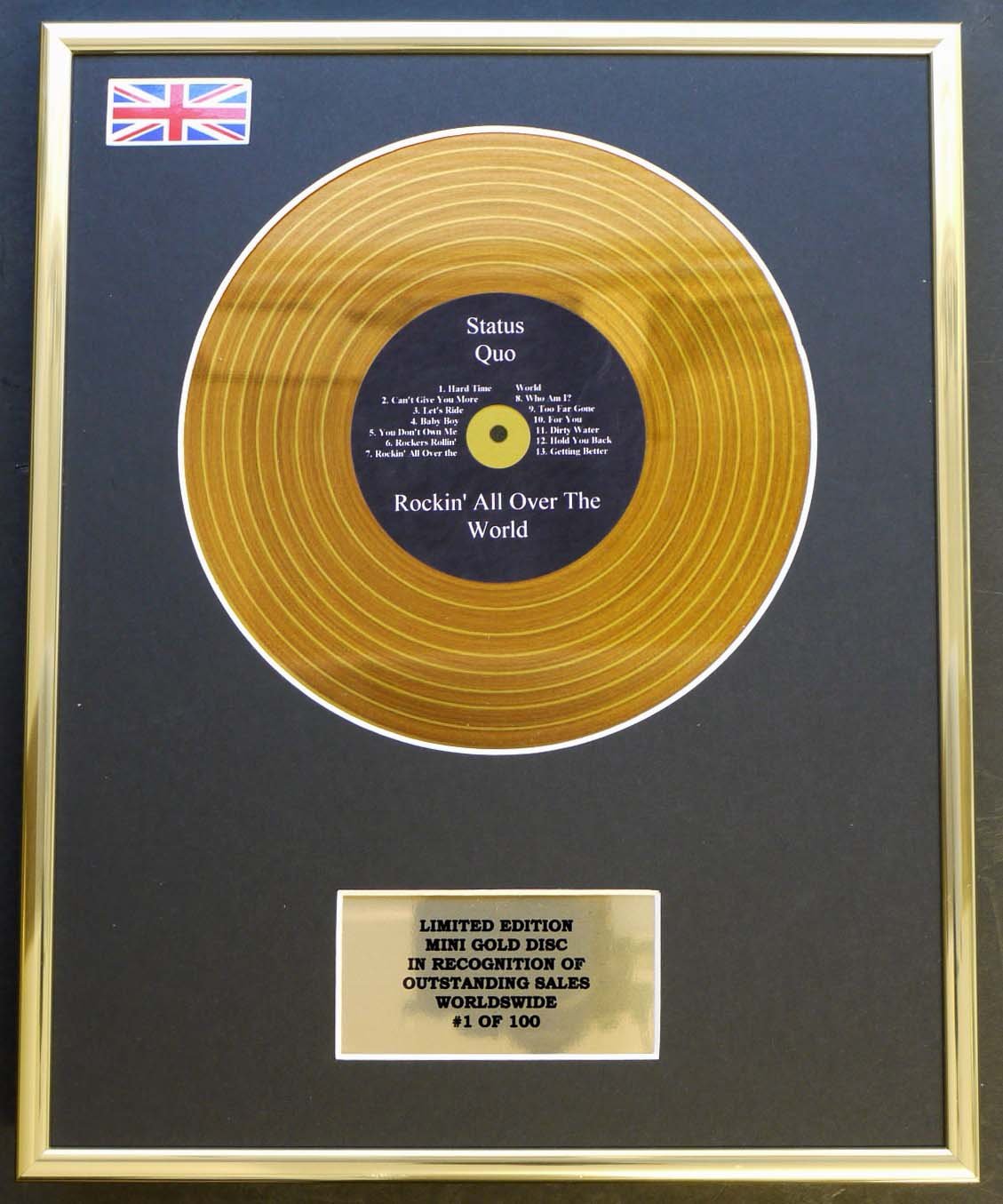 STATUS QUO/MINI GOLD DISC DISPLAY/LIMITED EDITION/COA/ROCKIN' ALL OVER THE WORLD