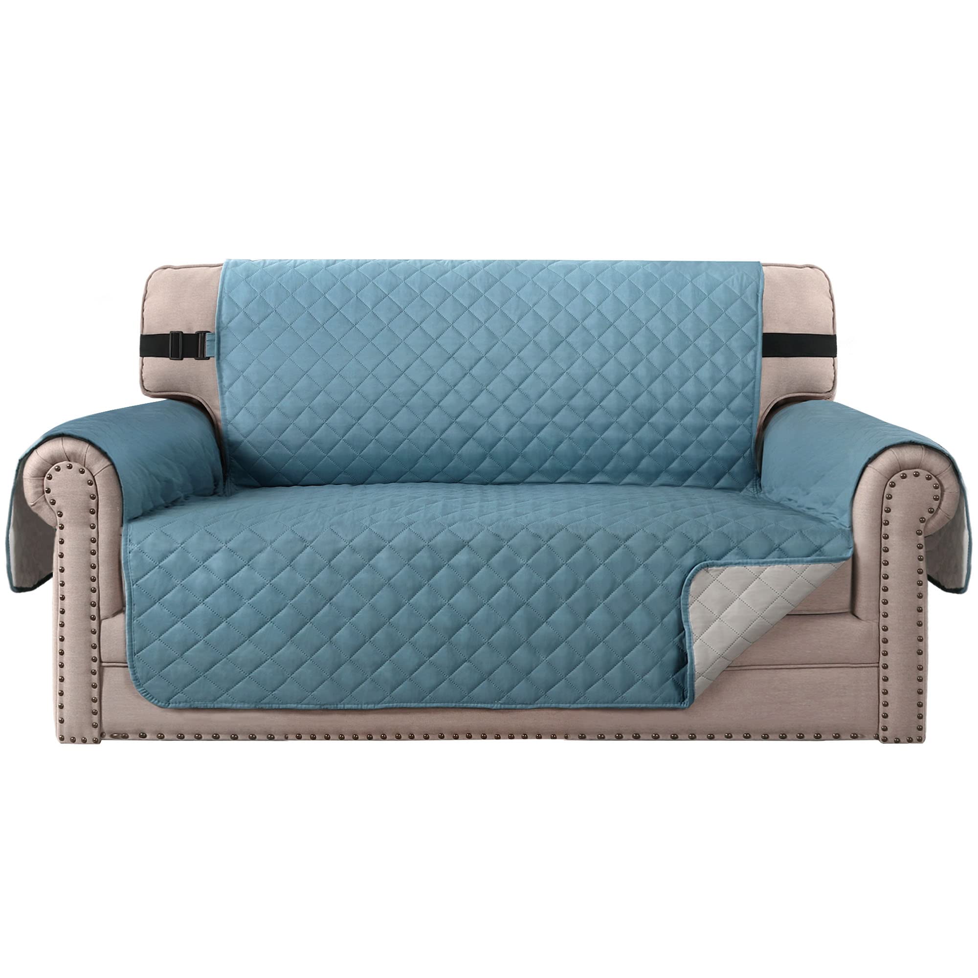BellaHills Water Repellent Sofa Covers 2 Seater Non-Slip Sofa Cover Sofa Slipcover from Pets Cats Reversible Loveseat Couch Covers Furniture Protectors with Elastic Straps (Loveseat, Smoke Blue/Beige)