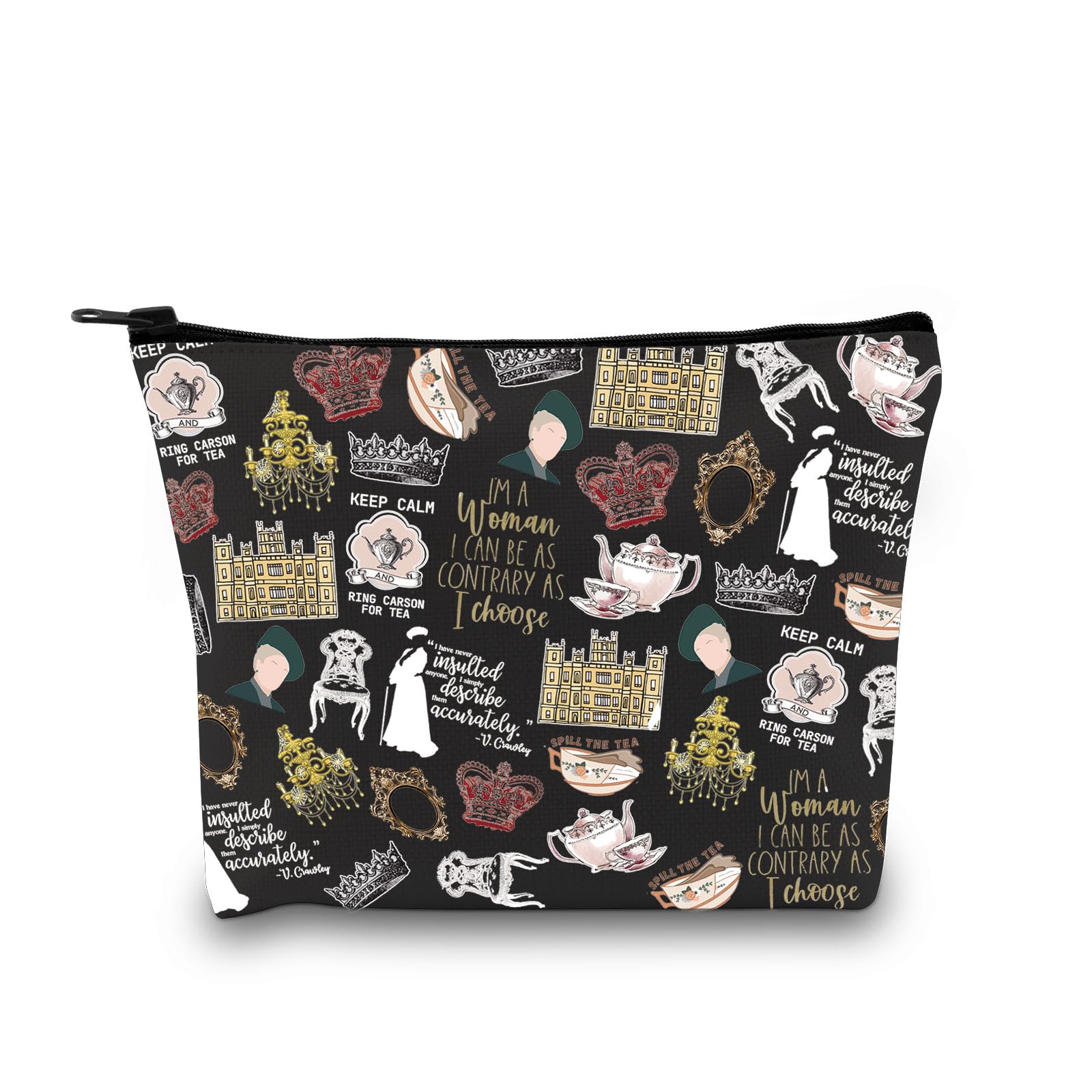 TV Show Inspired Gift V. Crawley Quote Inspired Gift TV Show Merchandise Zipper Pouch Makeup Bag for Fans Women Girls (Downton TV Pattern BLK EU)