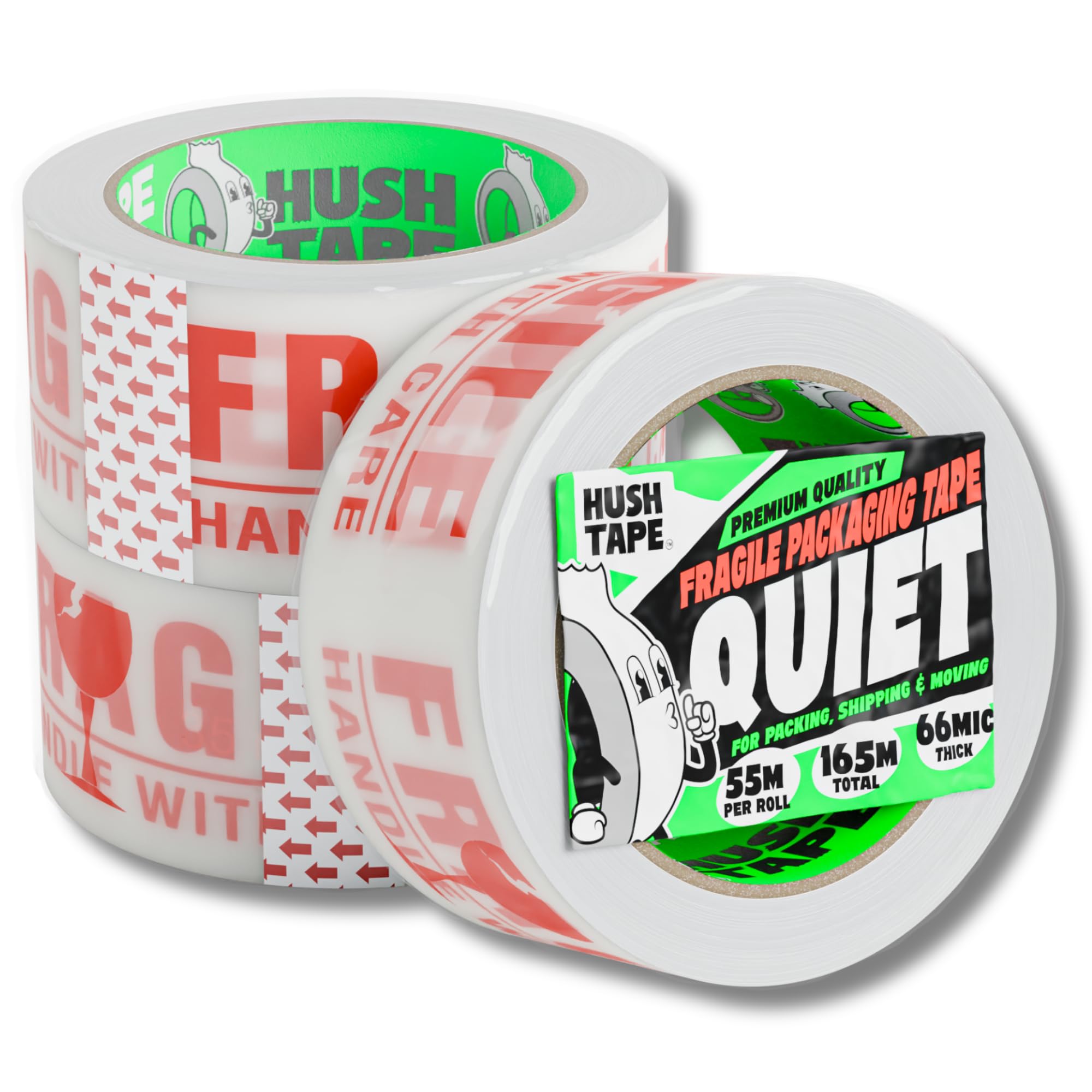 Hush Tape - Heavy Duty Low Noise Fragile Tape for Packing Boxes, Shipping, and Moving - Clear Parcel Packaging Tape, Extra Strong Fragile Packing Tape, 66 Micron, 48mm x 55m (3 Rolls)