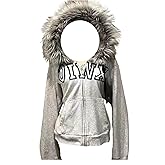 OANTGM Y2k Zip Up Hoodie Fur Jackets Emo Grunge Crop Winter Coats Teen Streetwear 2000s Vintage