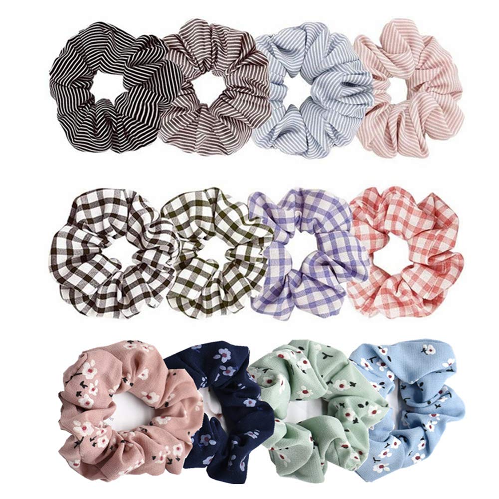 12Pcs Hair Scrunchies Cotton Elastic Scrunchy Ponytail Striped Bobbles Hair Ties Soft Hair Bands for Girls and Ladies Hair Accessories Random Color