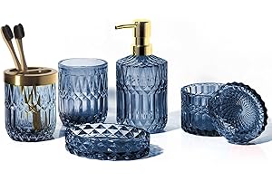 EMPO 6PCS Bathroom Clear Glass Accessories Set (Lotion Soap Dispenser, Soap Dish, Toothbrush Holder, Tumbler, Cotton Swab Jar), Contemporary Modern Decor Crystal Vintage Gift (6pcs Blue)