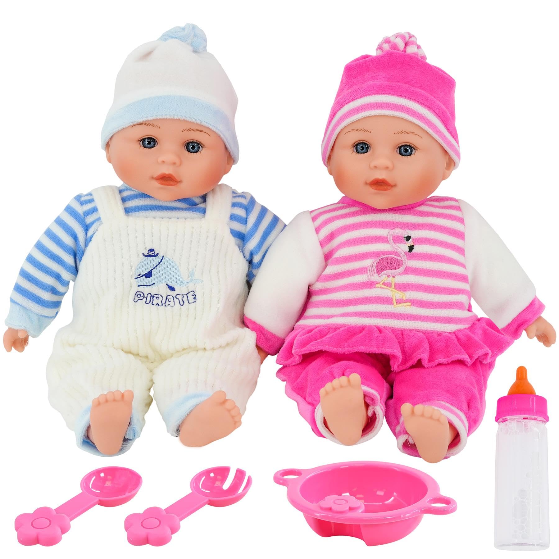 Bibi Doll Twin Baby Dolls with Feeding Set & Magic Bottle, 13 Inch Huggable Newborn Dolls with Soundbox Featuring 16 Sounds, Pink & Blue Outfits, Role Play Toy for Boys and Girls, 18 Months+
