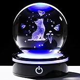 YWHL 3D Crystal Cat Butterfly Figurines Ball with Colorful Light Base, Laser Engraved Cat Gifts for Women Men on Birthday, Animal Snow Globes Figurine Collection for Home Decor