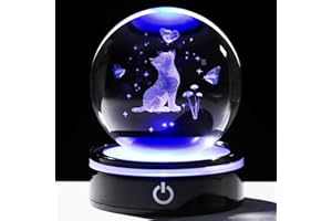 YWHL 3D Crystal Cat Butterfly Figurines Ball with Colorful Light Base, Laser Engraved Cat Gifts for Women Men on Birthday, Animal Snow Globes Figurine Collection for Home Decor