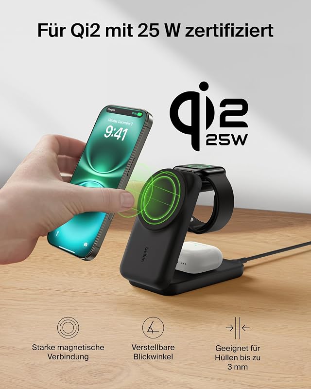 UltraCharge 3-in-1 Induktive Ladestation mit Qi2, 25W – Schwarz