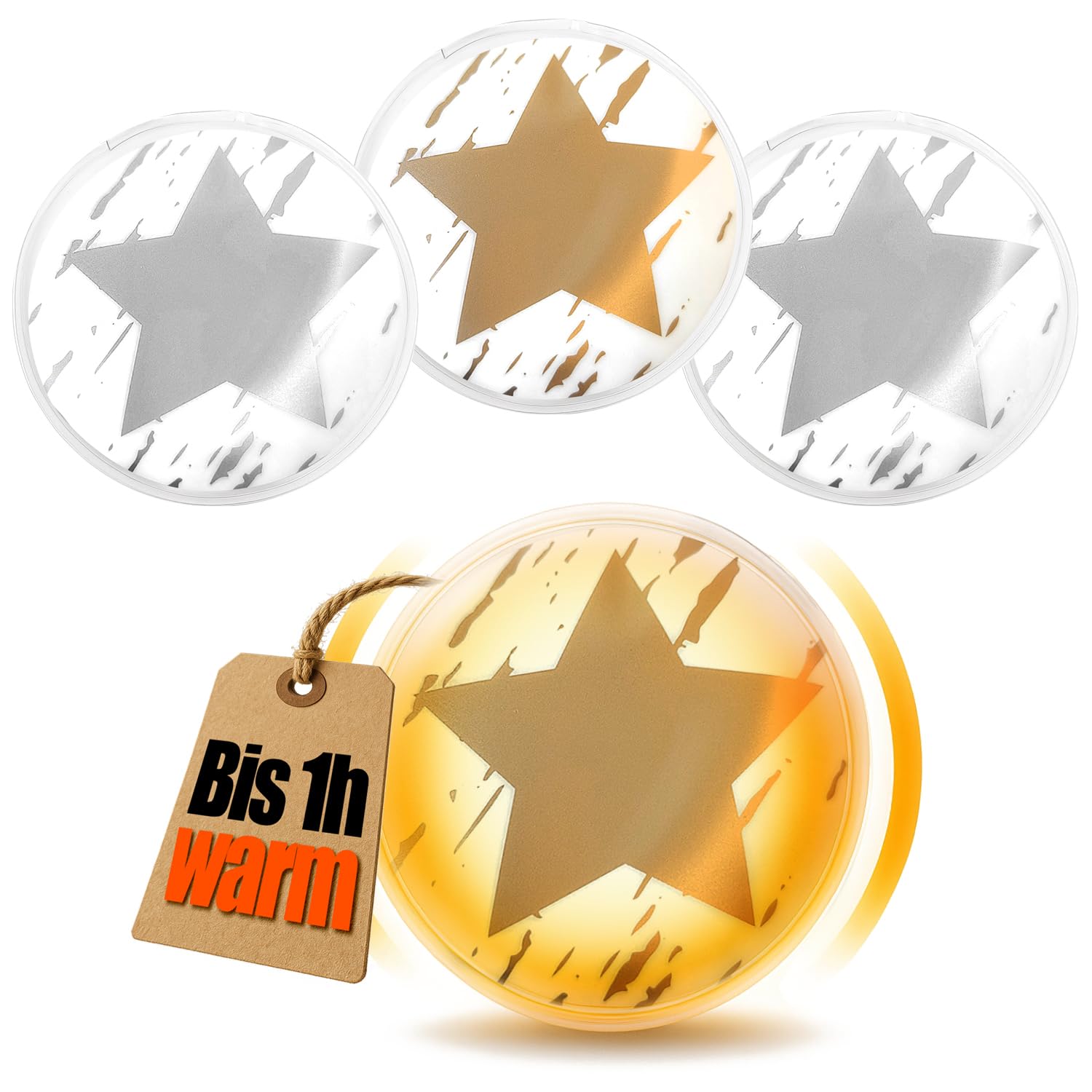 COM-FOUR® 4x reusable pocket warmers - hand warmers with star motif - heat pad for cold days and for on the go - heat kink cushion (04 pieces - Stern used look)