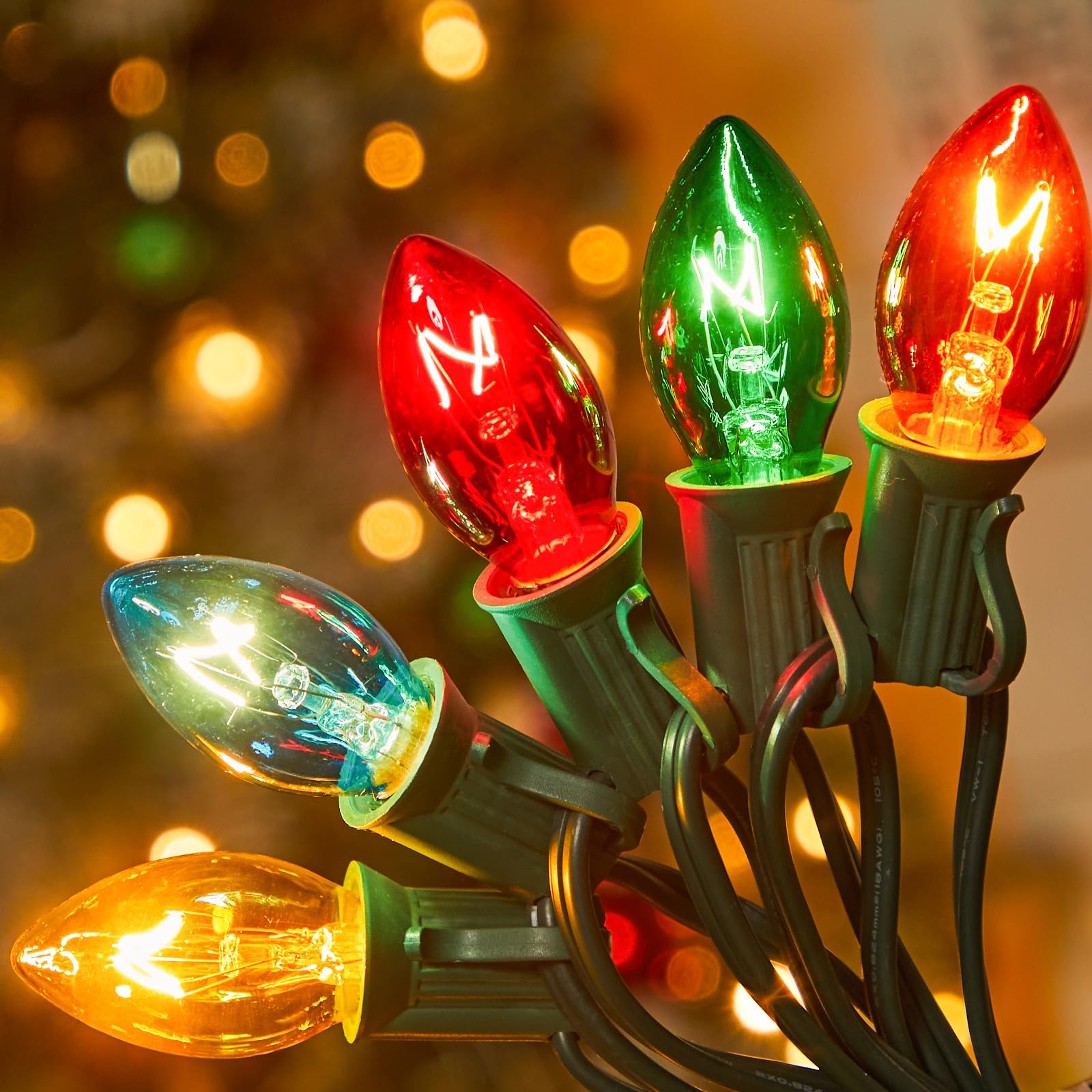 Photo 1 of C7 Multicolor Christmas String Lights - 100ft Vintage Christmas Tree Lights, Outdoor Roofline String Lights with 100+4 Spare Bulbs for Patio Garden Holiday Indoor Home Xmas Decoration, Green Wire