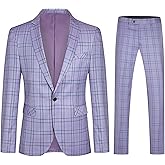 Cloudstyle Mens 2 PCS Plaid Suits Slim Formal Suit Checkered Blazer Jacket Pants