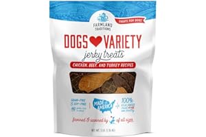 Farmland Traditions Dogs Love Jerky Dog Treats, Premium Dog Jerky Variety Pack with Chicken, Beef & Turkey, 3 Pound Bag
