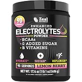 Zeal Naturals Electrolyte Powder - 90 Servings | Keto Electrolytes Powder | Zero Sugar, BCAAs, B-Vitamins | Potassium, Zinc, Magnesium | Hydration Powder Recovery Drink | Lemon Berry