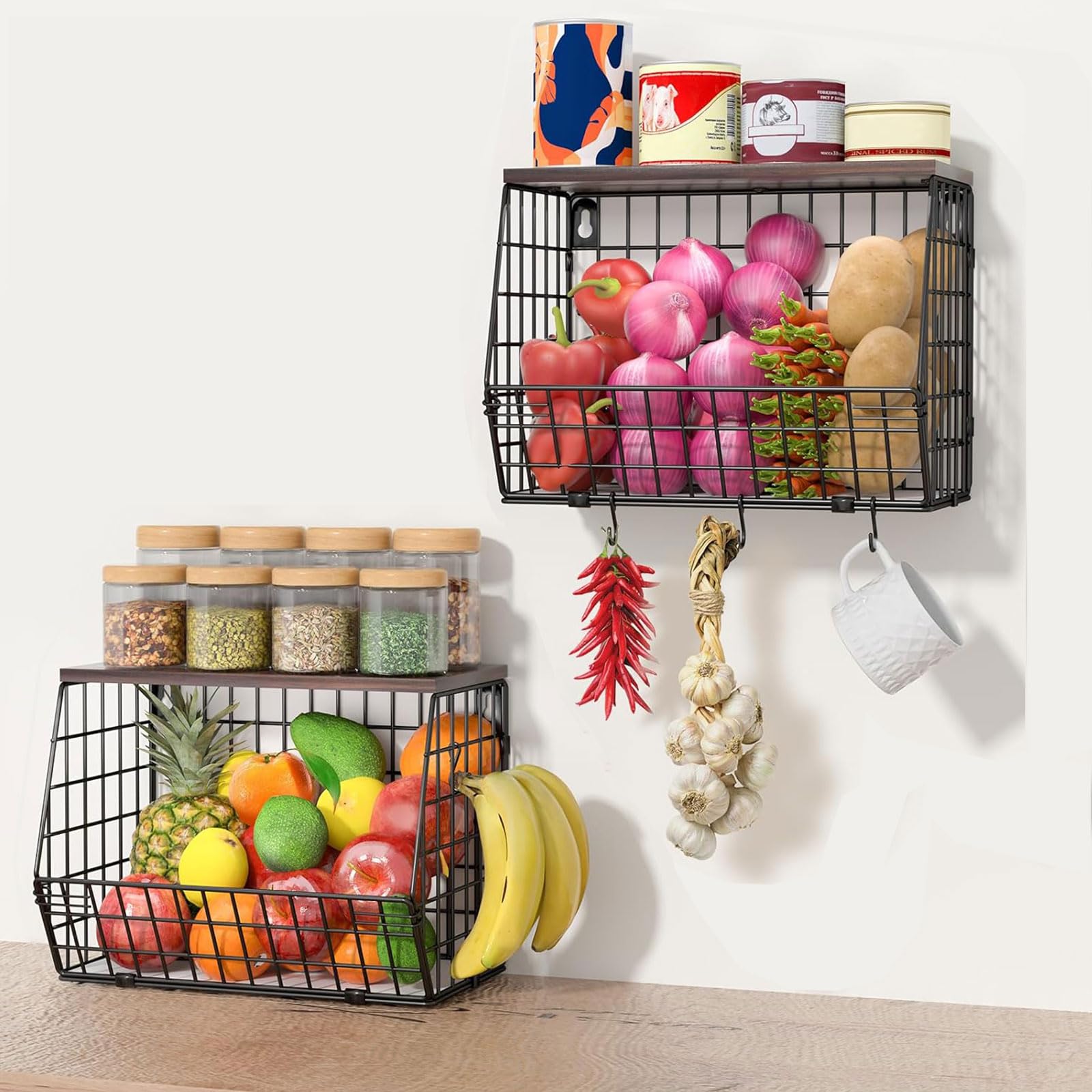 Hykiee Fruit Baskets for Kitchens, 2 Pack Metal Fruit Bowl Rack with Wood Lid & banana Hanger, Countertop/Wall Hanging Kitchen Organizer and Storage for Vegetable Veg Potato Onion, Breads and Snacks